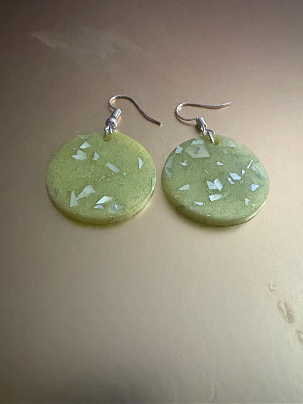 Emmy’s Creations Hand Crafted Yellow Resin Disc Earrings with White Flake Accent